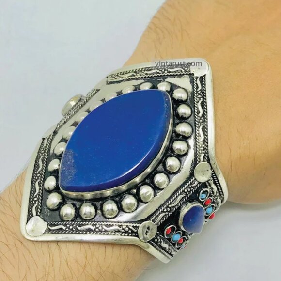 Lapis Lazuli Handmade Bracelet, Big Gemstone Bracelet, Ethnic Kuchi Statement - Picture 1 of 7